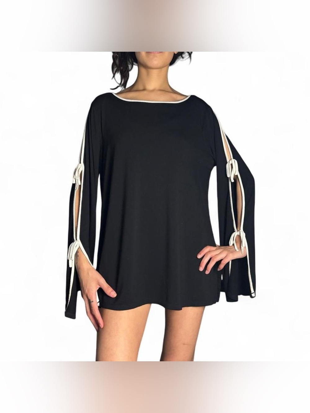 Unique Black & White Bell Sleeve Top W Openings + Bows by Cable & Gauge